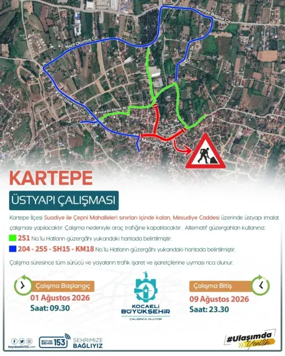 Kartepe'de sürücülere önemli uyarı! Bu cadde 9 gün kapalı kalacak