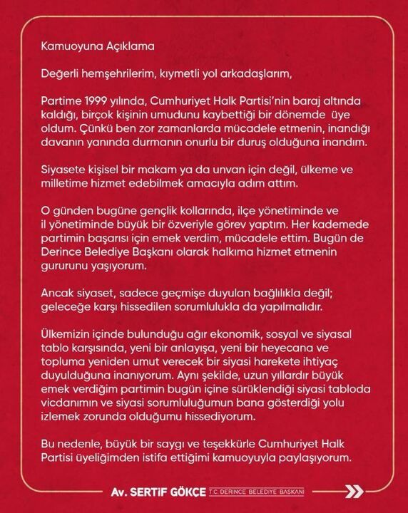 Derince Belediye Başkanı Sertif Gökçe CHP’den istifa etti