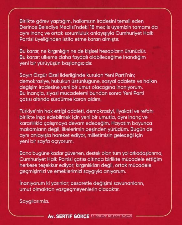 Derince Belediye Başkanı Sertif Gökçe CHP’den istifa etti